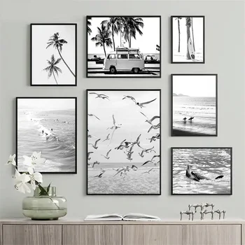 Настраиваемый Искусство Холст Живопись Калифорния Серфинг Черно-белый Океан Пляж Кокосовая пальма Плакат Гостиная Домашняя картина Изображение