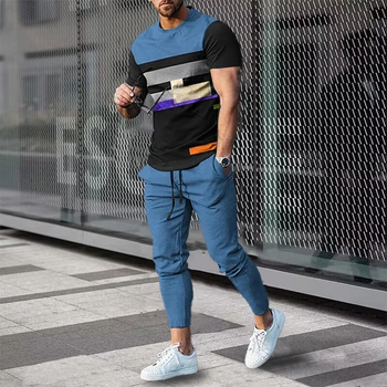 Новое поступление Мужские брюки Спортивный костюм Набор из 2 предметов 3D-печатный летний бегун Футболка с коротким рукавом + длинные брюки Уличная одежда Изображение