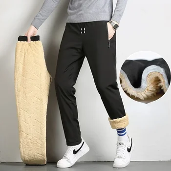 Новые мужские зимние спортивные штаны из овечьей шерсти теплые хлопковые мужские утолщенные брюки на открытом воздухе для отдыха утолщенные трусцой на шнурке брюки высокого качества мужские брюки Изображение