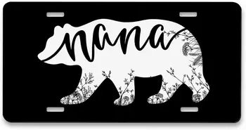 Номерной знак Мама Медведь и цветочный Blakc Белый силуэт Домашний декор Знаки для женщин и мужчин Алюминиевый номерной знак 6x12 дюймов Изображение
