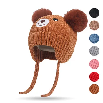 Осенне-зимний милый мишка в новом стиле для мальчиков, теплая защита ушей и плюшевая шерстяная шапка, меховая вязаная шапка в корейском стиле для Изображение