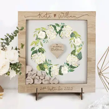 персонализированные деревенские деревянные сердечки Свадебная гостевая книга рамка3D цветочный Альтернативный девичник Drop top box вывеска на день рождения Изображение