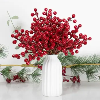 Реалистичные ягоды падуба Реалистичные искусственные стебли красных ягод для DIY, рождественские украшения, венки, украшения для стола Изображение