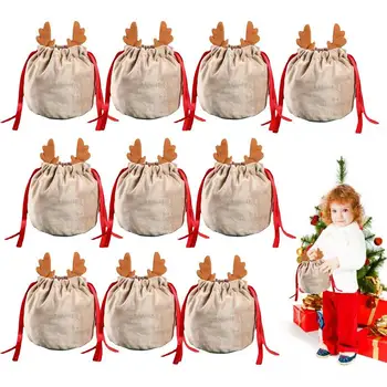 Рождественские сумки маленькие 10 шт. Санта-Клаус Мешки Рождественские мешки на шнурке Симпатичная сумка для хранения с рогами Декор Бархат Подарочная сумка Вечеринка Изображение