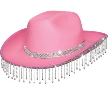 Сверкающие хрустальные ковбойские шляпы с кисточками Diamante для девичника Ковбойская шляпа Шляпа для актрисы Изображение