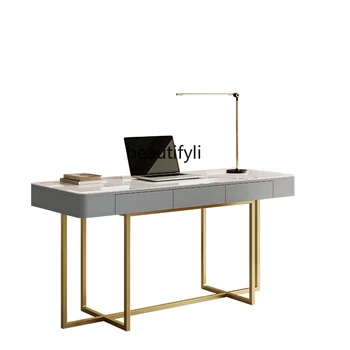 Светлый роскошный стол с каменной плитой Современный минималистичный рабочий стол Дизайнер Креативный компьютерный стол Изображение