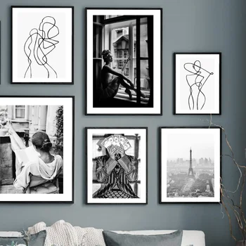 сексуальная девушка из окна плакат женщина городской пейзаж черно-белый настенное искусство холст живопись абстрактная линия фигура картины для дома Изображение