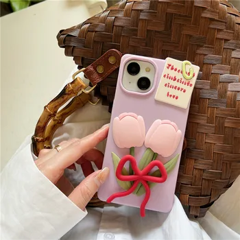 Симпатичный чехол для телефона с цветком розовой розы для iphone 14 13 12 Pro Max i11 14pro 13pro bowknot 3D Ударопрочный силикагель Мягкая обложка Изображение