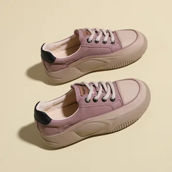  Спортивная повседневная обувь на толстой подошве для женских туфель 2023 года, новая кожа, соответствующий цвету, модная универсальная одинарная обувь в стиле ретро Изображение