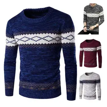 Теплый зимний свитер с геометрическим принтом в этническом стиле мужской свитер теплый приталенный трикотажный пуловер для осень/зима мужской приталенный крой Изображение