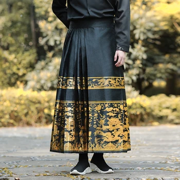 Традиционный китайский стиль Мужская юбка из крепа с принтом дракона Мужская и женская ретро Тан Костюм Ханьфу Юбка для лошади Изображение