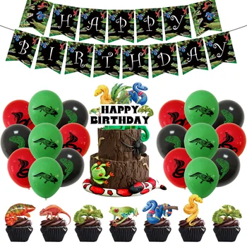 Украшения для вечеринки по случаю дня рождения рептилии, воздушные шары со змеиной ящерицой, топпер для торта, баннер с днем рождения, принадлежности для вечеринки с животными Изображение