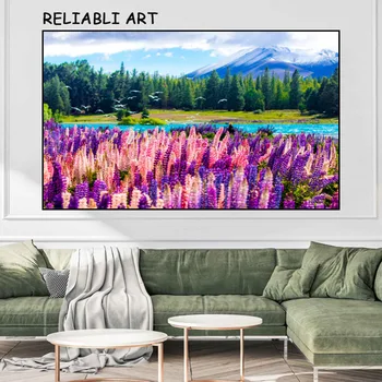 фиолетовый розовый цветок озеро пейзаж плакат и принты современный натуральный холст живопись настенное искусство для гостиной домашний декор без рамки Изображение