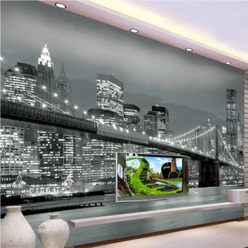 фотообои из папье-пеппе для стен 3 d обои на заказ Нью-Йоркский мост Архитектура ночной вид ТВ фотообои панно behang Изображение