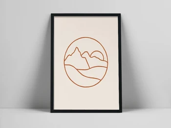 Штриховая пейзажная печать | Линейный рисунок гор плакат | Минималистичный настенный пейзаж в горах | Штриховой арт Rising Sunal Facial FeatCol Изображение