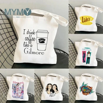 Я пью кофе, как девушка Гилмор Принт Шоппер Женская холщовая повседневная сумка-тоут Женская сумка Harajuku Сумка через плечо Сумки для покупок Изображение